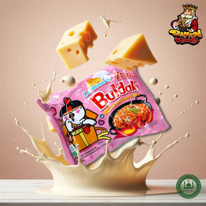 Ein kreativ in Szene gesetztes Paket von Buldak Ramen Carbonara Ramen, eingebettet in einen Spritzer von Milch, umgeben von Stücken von Käse, die durch die Luft wirbeln, um die Carbonara-Geschmacksrichtung zu symbolisieren.