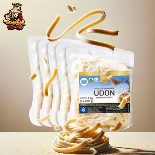 Werbebild für Golden Turtle Brand frische Udon-Nudeln im Vorteilspack, mit aufsteigenden Nudelsträngen vor gestapelten, verpackten Nudelportionen auf einem hellen Hintergrund.