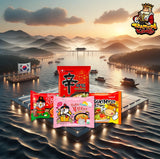 Sonnenaufgang über einer Bucht mit Booten und Pagode. Südkoreanische Flagge und mehrere Instant-Nudelverpackungen im Vordergrund. 'Ramen King'-Logo mit Cartoon-König in der Ecke