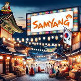 Koreanische Straße bei Nacht, Personen in Hanboks, Lampions, "SAMYANG"-Schild, südkoreanische Flagge, "Ramen King"-Logo links oben