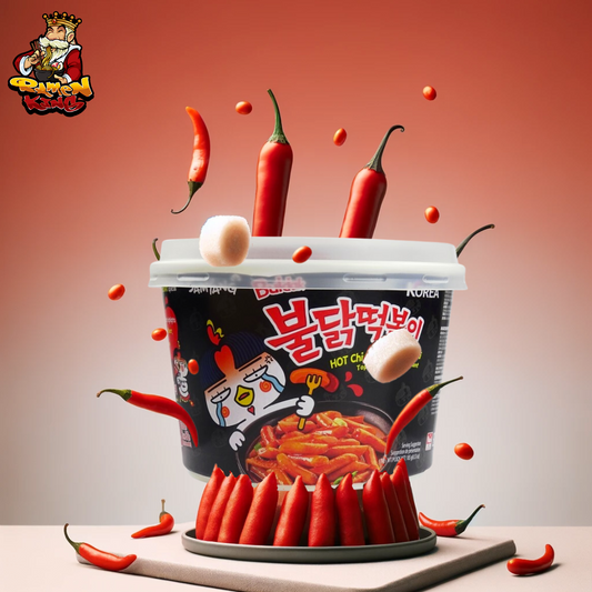 Samyangs Topokki scharfe Hühnchen-Cup-Nudeln umgeben von roten Chilis und Soßentropfen im Flug