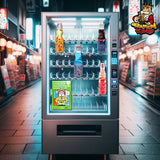 Getränkeautomat in einer nächtlichen japanischen Straße mit verschiedenen Getränken und einem Matcha Bubble Tea Kit. "Ramen King"-Logo oben rechts.