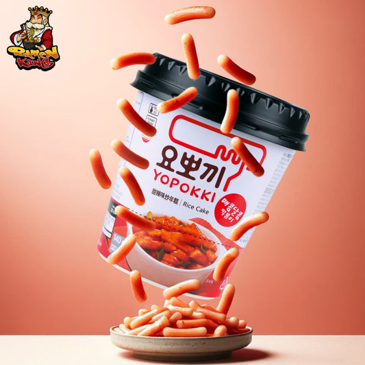 Ein Becher Yopokki Sweet & Spicy Reiskuchen, aus dem Reiskuchenstücke in eine darunterliegende Schale fallen. Die Verpackung ist rot-weiß, mit dem Yopokki-Schriftzug prominent. Im Hintergrund ist das 'Ramen King' Logo sichtbar.